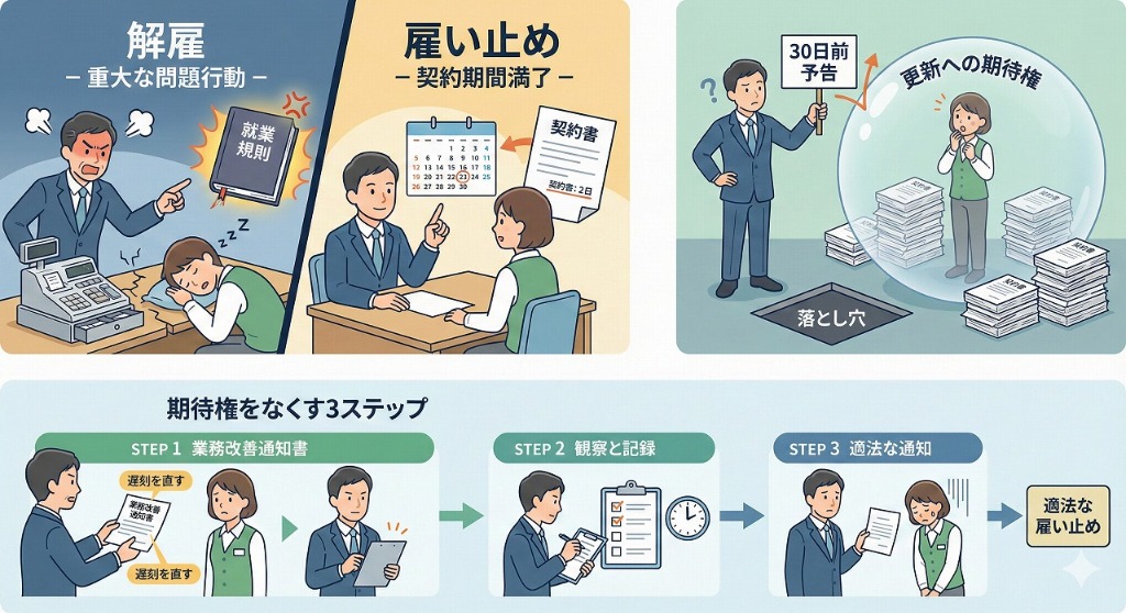 「雇い止め」の正しい手順解説イラスト