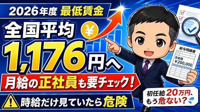 2026年度の最低賃金は全国平均1,176円へ。月給の正社員が最低賃金を割っていないか確認してください。