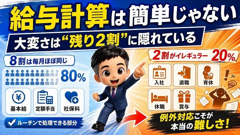 給与計算が簡単に見えるのは、8割の人が毎月同じだからです。大変さは、残りの2割に隠れています。