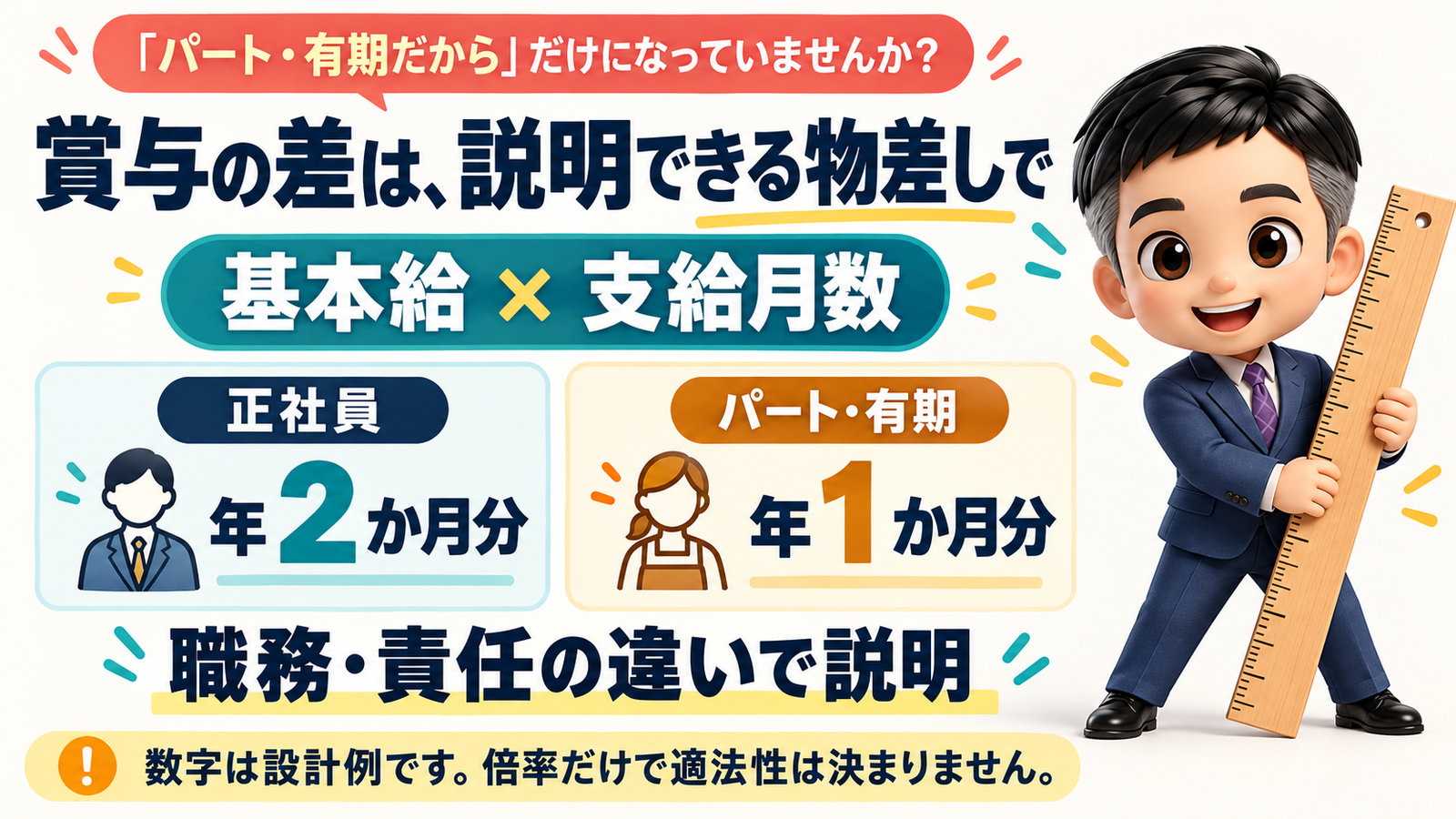 賞与の差を説明できる物差しの設計例。数字は例であり、倍率だけで適法性は決まらない。