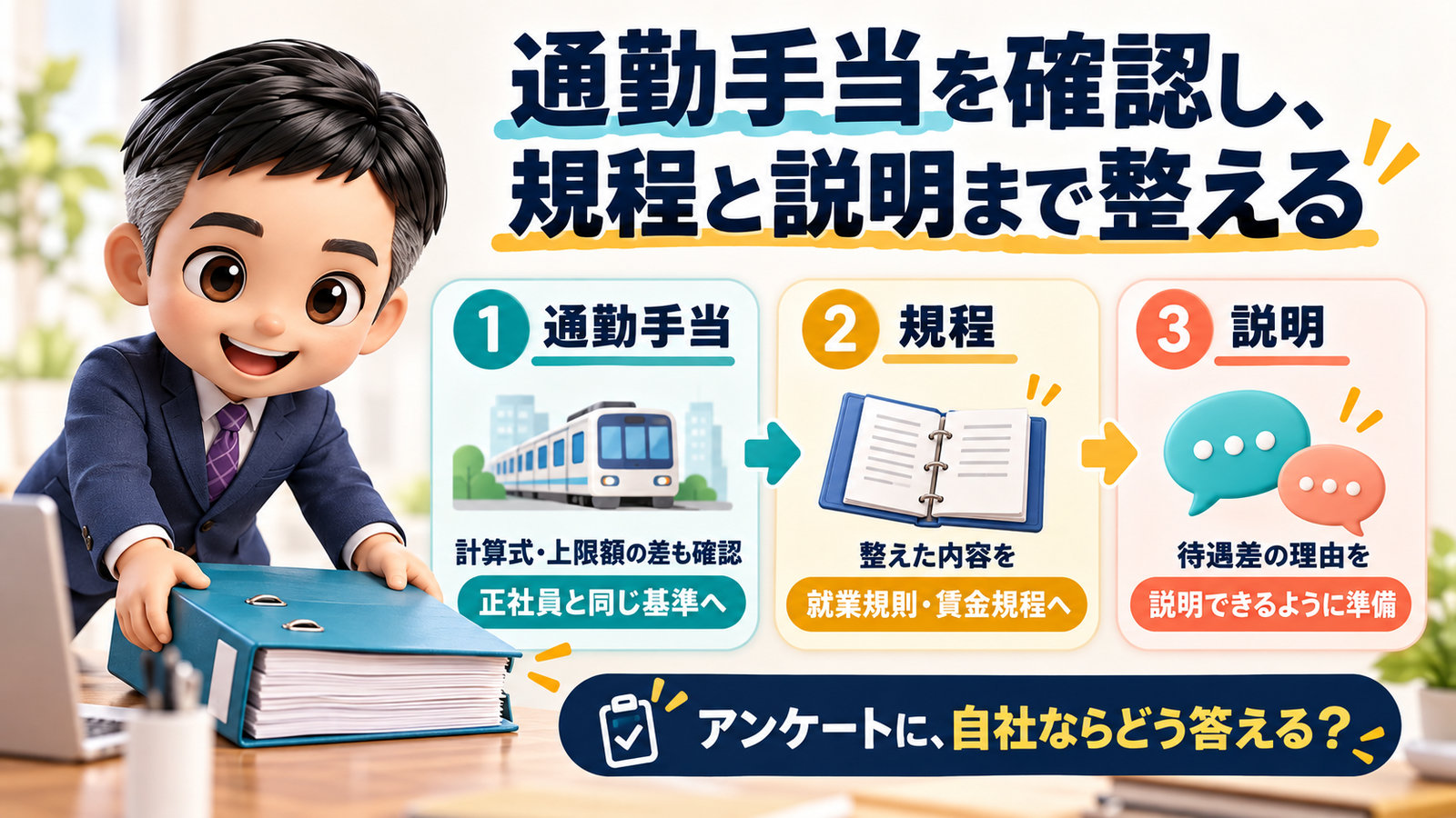 通勤手当の計算式・上限額を確認し、規程と説明の準備を整える流れ。